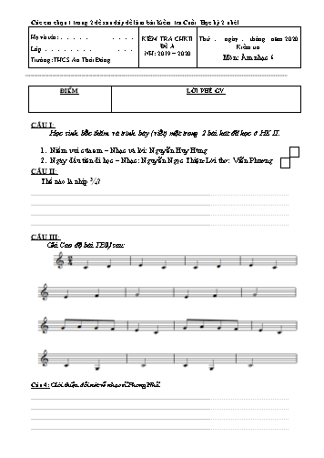 Đề kiểm tra cuối học kì II môn Âm nhạc Lớp 6 - Đề A+B - Năm học 2019-2020 - Trường THCS An Thới Đông