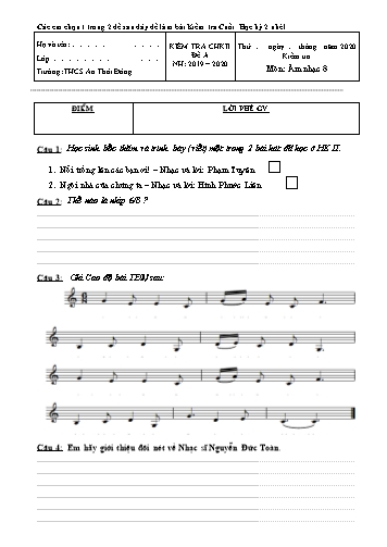 Đề kiểm tra cuối học kì II môn Âm nhạc Lớp 8 - Đề A+B - Năm học 2019-2020 - Trường THCS An Thới Đông