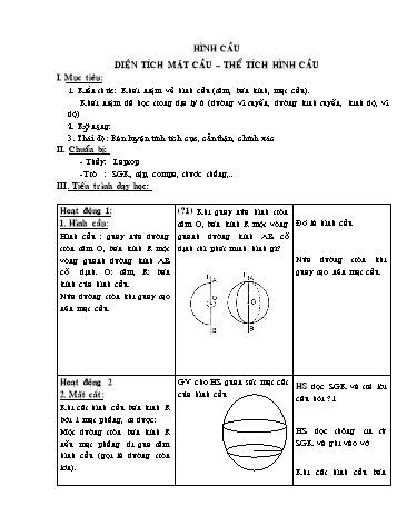 Giáo án Toán 9 - Bài 3: Hình cầu - Diện tích mặt cầu và thể tích hình cầu