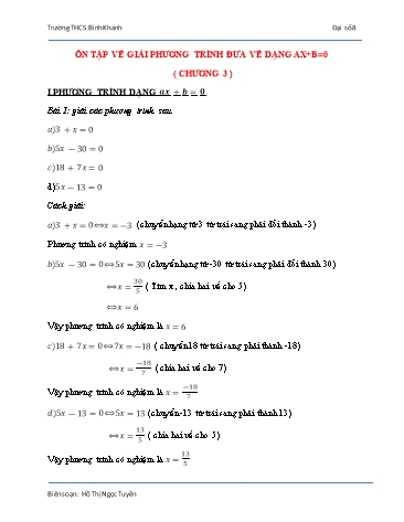 Bài tập ôn tập Đại số Lớp 8 - Chương 3: Giải phương trình đưa về dạng ax+b=0 - Trường THCS Bình Khánh (Có đáp án)