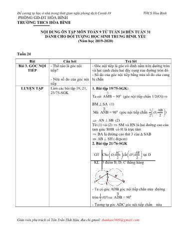 Đề cương ôn tập môn Hình học Lớp 9 (Dành cho học sinh TB, Yếu) - Tuần 24 đến 31 - Năm học 2019-2020 - Tôn Trần Thái Hậu
