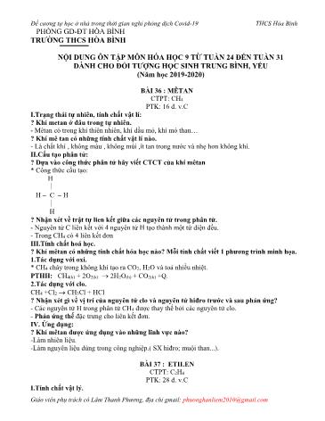 Đề cương ôn tập môn Hóa học Lớp 9 (Dành cho học sinh TB, Yếu) - Bài 36 đến 49 - Năm học 2019-2020 - Lâm Thanh Phương