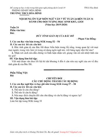 Đề cương ôn tập môn Ngữ Văn Lớp 7 (Dành cho học sinh Khá, Giỏi) - Tuần 24 đến 31 - Năm học 2019-2020 - Hoàng Thị Kim Chi