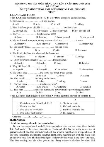 Đề cương ôn tập môn Tiếng Anh Lớp 8 - Học kì I - Năm học 2019-2020