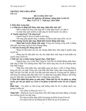 Đề cương ôn tập môn Vật lý Lớp 7 - Năm học 2019-2020 - Trường THCS Hòa Bình