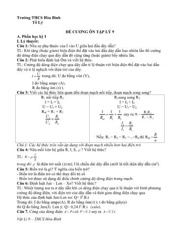 Đề cương ôn tập môn Vật lý Lớp 9 - Năm học 2019-2020 - Trường THCS Hòa Bình