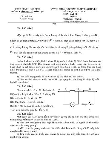 Đề thi chọn học sinh giỏi huyện môn Vật lý Lớp 9 - Năm học 2018-2019 - Phòng GD&ĐT Hòa Bình (Có đáp án)