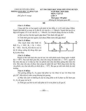 Đề thi chọn học sinh giỏi vòng Huyện môn Vật lý Lớp 9 - Năm học 2019-2020 - Phòng GD&ĐT Hòa Bình (Có đáp án)