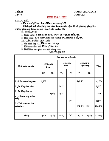 Giáo án Công nghệ 8 - Học kì II - Tuần 28, Tiết 45: Kiểm tra 1 tiết - Năm học 2017-2018 - Trường THCS Minh Diệu