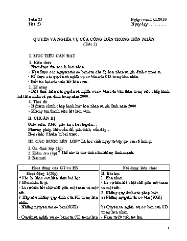 Giáo án GDCD Lớp 9 - Học kì II - Tiết 23: Quyền và nghĩa vụ của công dân trong hôn nhân (Tiết 2) - Năm học 2017-2018 - Trường THCS Minh Diệu