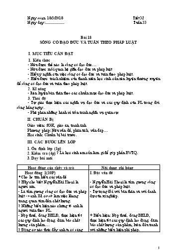 Giáo án GDCD Lớp 9 - Học kì II - Tiết 32, Bài 18: Sống có đạo đức và tuân theo pháp luật - Năm học 2017-2018 - Trường THCS Minh Diệu