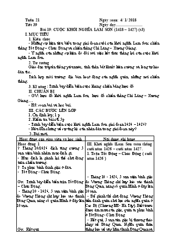 Giáo án Lịch sử Lớp 7 - Học kì II - Tiết 39, Bài 19: Cuộc khởi nghĩa Lam sơn (1418-1427) (T3) - Năm học 2017-2018 - Trường THCS Minh Diệu