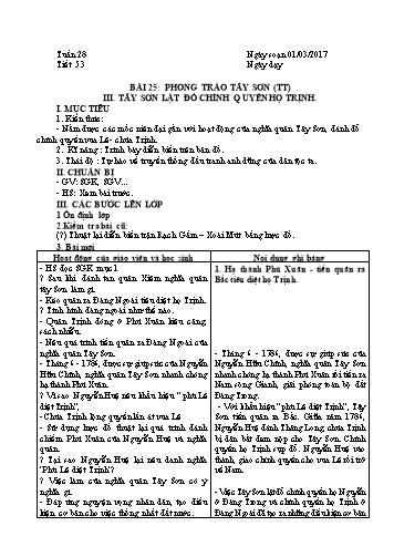 Giáo án Lịch sử Lớp 7 - Học kì II - Tiết 53+54, Bài 25: Phong trào Tây Sơn (TT) - Năm học 2017-2018 - Trường THCS Minh Diệu