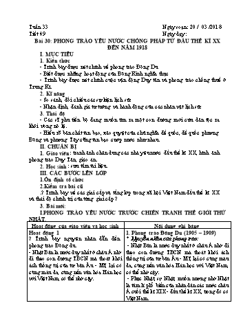 Giáo án Lịch sử Lớp 8 - Học kì II - Tiết 49, Bài 30: Phong trào yêu nước chống pháp từ đầu thế kỉ XX đến năm 1918 - Năm học 2017-2018 - Trường THCS Minh Diệu