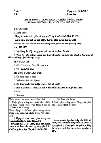 Giáo án Lịch sử Lớp 8 - Học kì II - Tuần 24, Bài 26: Phong trào kháng chiến chống Pháp trong những năm cuối của thế kỳ XIX - Năm học 2017-2018 - Trường THCS Minh Diệu