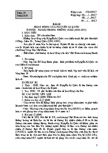 Giáo án Lịch sử Lớp 9 - Học kì II - Bài 16: Hoạt động của Nguyễn Ái Quốc ở nước ngoài trong những năm (1919-1925) - Năm học 2017-2018 - Trường THCS Minh Diệu