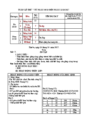 Giáo án Tổng hợp Khối 4 - Tuần 7 - Năm học 2017-2018 - Văn Thanh Giảng