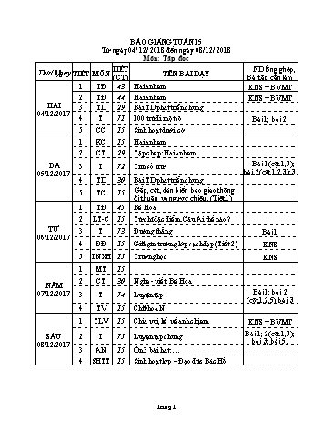 Giáo án Tổng hợp Lớp 2 - Tuần 15 - Năm học 2018-2019 - Dương Chí Toàn