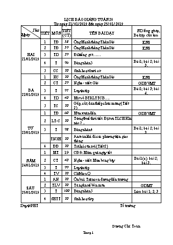 Giáo án Tổng hợp Lớp 2 - Tuần 20 - Năm học 2018-2019 - Dương Chí Toàn