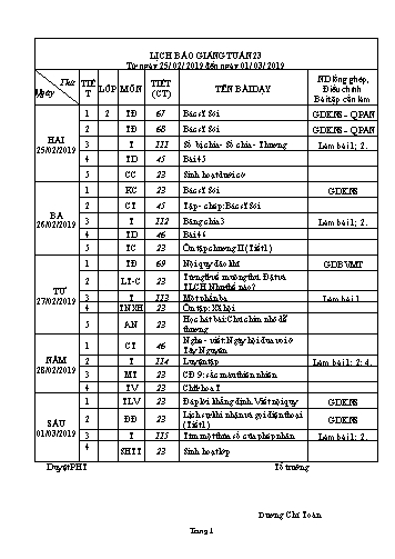 Giáo án Tổng hợp Lớp 2 - Tuần 23 - Năm học 2018-2019 - Dương Chí Toàn