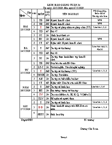 Giáo án Tổng hợp Lớp 2 - Tuần 34 - Năm học 2018-2019 - Dương Chí Toàn