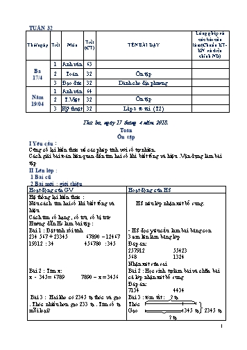 Giáo án Tổng hợp Lớp 4 - Tuần 32 - Học kì II - Năm học 2017-2018 - Văn Thanh Giảng