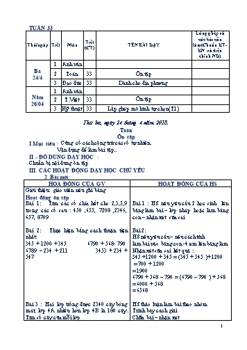 Giáo án Tổng hợp Lớp 4 - Tuần 33 - Học kì II - Năm học 2017-2018 - Văn Thanh Giảng