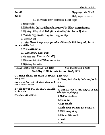 Giáo án Vật lý Lớp 6 - Học kì II - Bài 17: Tổng kết chương I Cơ học - Năm học 2017-2018 - Trường THCS Minh Diệu