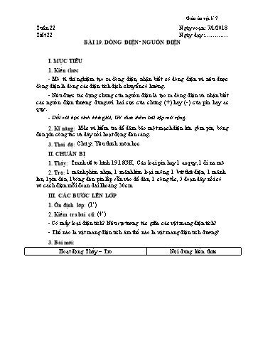 Giáo án Vật lý Lớp 7 - Học kì II - Tiết 22, Bài 19: Dòng điện. Nguồn điện - Năm học 2017-2018 - Trường THCS Minh Diệu
