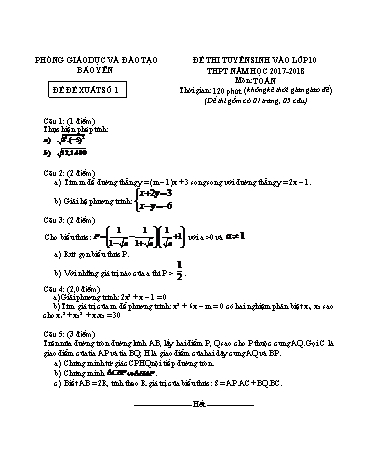 10 Đề thi Tuyển sinh Lớp 10 THPT môn Toán - Sở GD&ĐT Lào Cai - Năm học 2017-2018 (Đề đề xuất - Kèm hướng dẫn chấm)