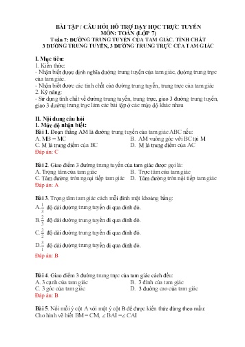 Bài tập/Câu hỏi hỗ trợ dạy học trực tuyến môn Toán 7 (Hình học) - Tuần 7: Đường trung tuyến của tam giác. Tính chất 3 đường trung tuyến, 3 đường trung trực của tam giác