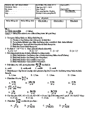 Đề kiểm tra học kì I môn Toán 8 - Phòng GD&ĐT Hoài Nhơn (Năm học 2011-2012)(Ma trận + Đáp án)