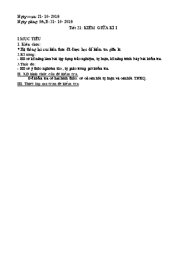 Đề kiểm tra KHTN 9 - Tiết 21: Kiểm tra giữa kì 1