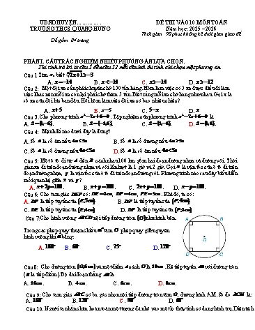 Đề thi vào 10 môn Toán Lớp 9 - Năm học 2025-2026 (Có đáp án)