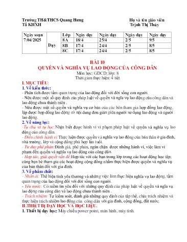 Kế hoạch bài dạy GDCD 8 - Bài 10: Quyền và nghĩa vụ lao động của công dân (Trịnh Thị Thủy)