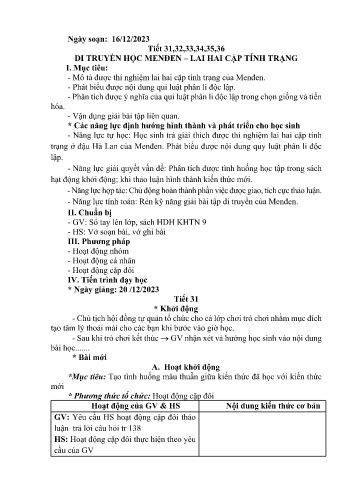 Kế hoạch bài dạy KHTN 9 (Sinh học) - Tiết 31-36. Bài: Di truyền học Menđen - Lai hai cặp tính trạng