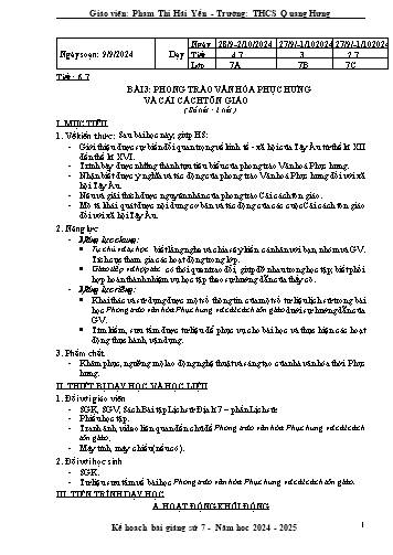 Kế hoạch bài dạy Lịch sử 7 - Tiết 6+7. Bài 3: Phong trào văn hóa Phục Hưng và cải cách tôn giáo (Phạm Thị Hải Yến)