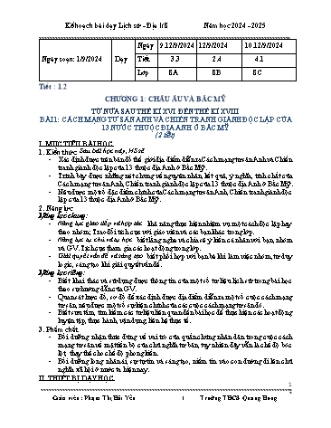 Kế hoạch bài dạy Lịch sử 8 - Chương 1, Bài 1: Cách mạng tư sản Anh và chiến tranh giành độc lập của 13 nước thuộc địa Anh ở Bắc Mỹ (Phạm Thị Hải Yến)