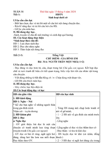 Kế hoạch bài dạy Lớp 1 - Tuần 31 (15/4 - 19/4/2024)