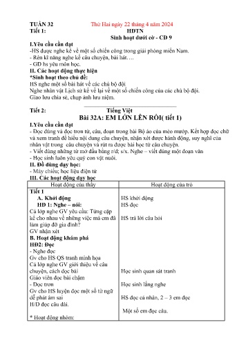 Kế hoạch bài dạy Lớp 1 - Tuần 32 (22/4 - 26/4/2024)