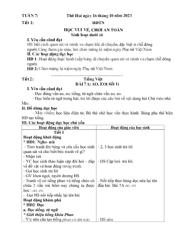 Kế hoạch bài dạy Lớp 1 - Tuần 7 (16/10 - 20/10/2023)