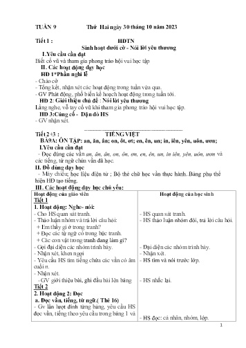 Kế hoạch bài dạy Lớp 1 - Tuần 9 (30/10 - 3/11/2023)