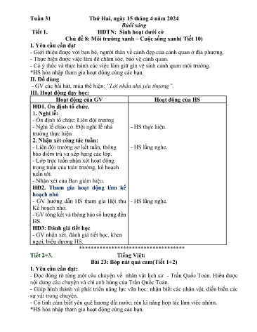 Kế hoạch bài dạy Lớp 2 - Tuần 31 (15/4 - 19/4/2024)