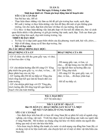 Kế hoạch bài dạy Lớp 4 - Tuần 31 (8/4 - 12/4/2024)