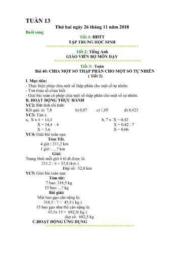 Kế hoạch bài dạy Lớp 5 - Tuần 13 (26/11 - 30/11/2018)