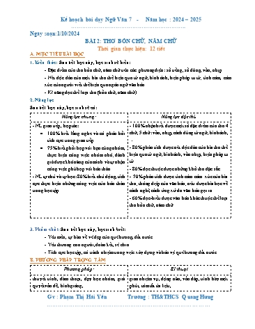 Kế hoạch bài dạy Ngữ Văn 7 - Bài 2: Thơ bốn chữ, năm chữ (Năm học 2024-2025)(Phạm Thị Hải Yến)