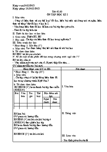 Kế hoạch bài dạy Ngữ Văn 7 - Tiết 62+63: Ôn tập học kì I