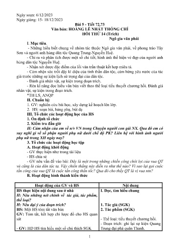 Kế hoạch bài dạy Ngữ Văn 9 - Tiết 72+73, Bài 5: Văn bản: Hoàng Lê nhất thống chí (Hồi thứ 14)