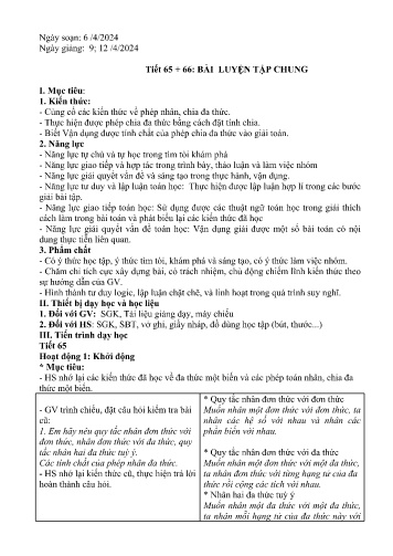 Kế hoạch bài dạy Toán 7 - Tiết 65+66, Bài: Luyện tập chung