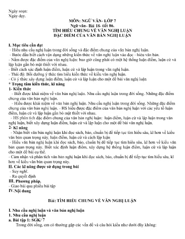Kế hoạch bài dạy và Phiếu học tập môn Ngữ Văn 7 - Bài 18, Tiết 86: Tìm hiểu chung về văn nghị luận. Đặc điểm của văn bản nghị luận